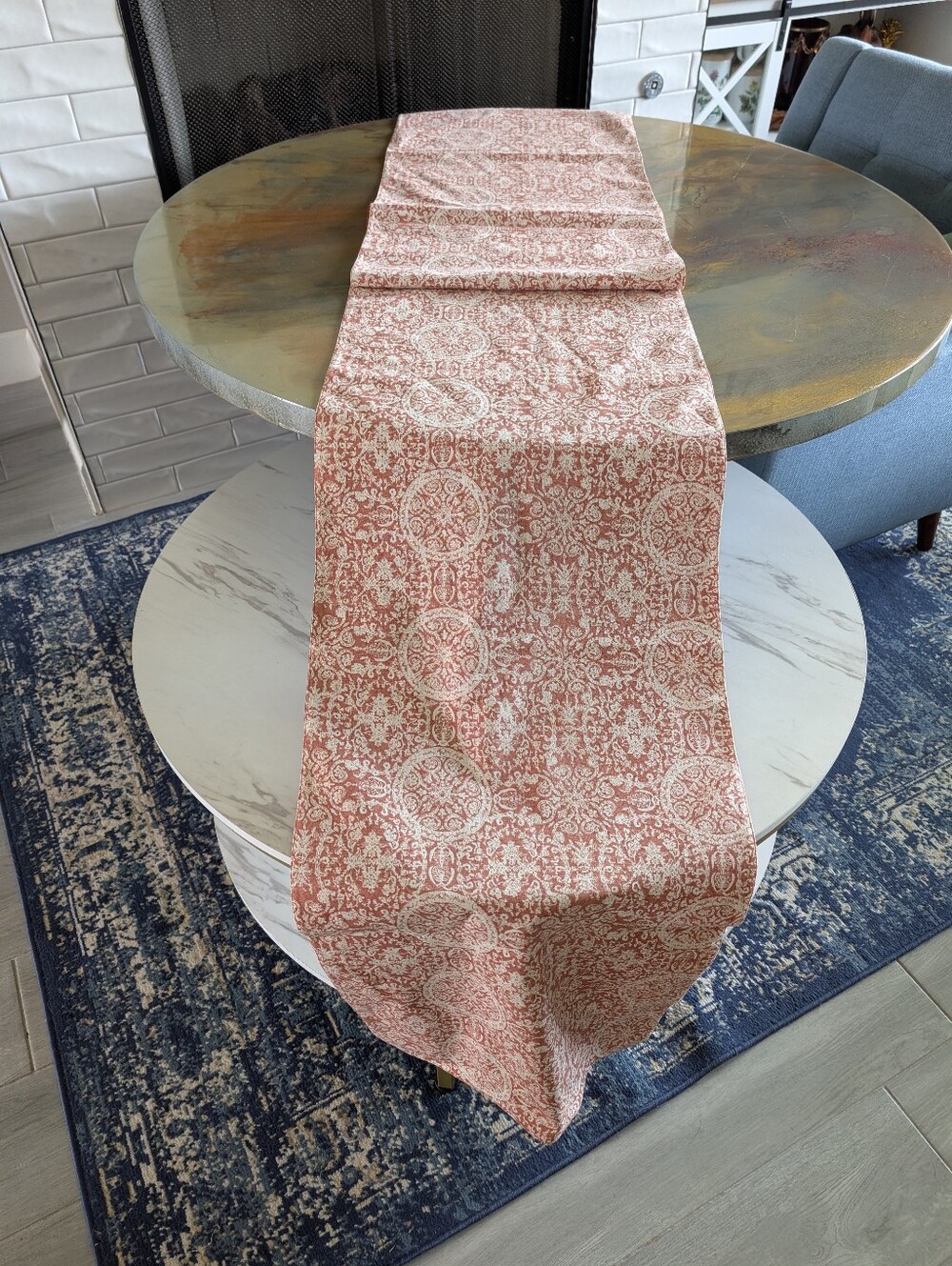 Pottery Barn Terracotta Rust Brown Medallion Print Table Runner Lined 108"X18"